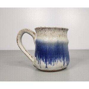 Studio Art Pottery Stoneware 3.75" Mug Cup Blue Beige Brown Drip Glaze Vtg